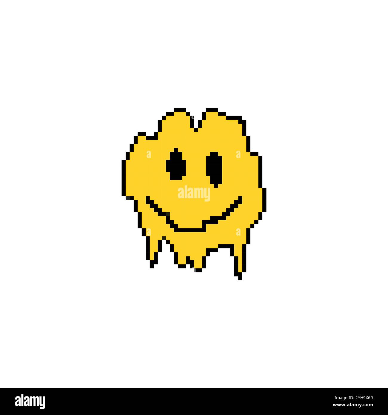 Pixel art che fonde la faccia sorridente. Sorrisi gialli in stile retro pixelato. Illustrazione Vettoriale