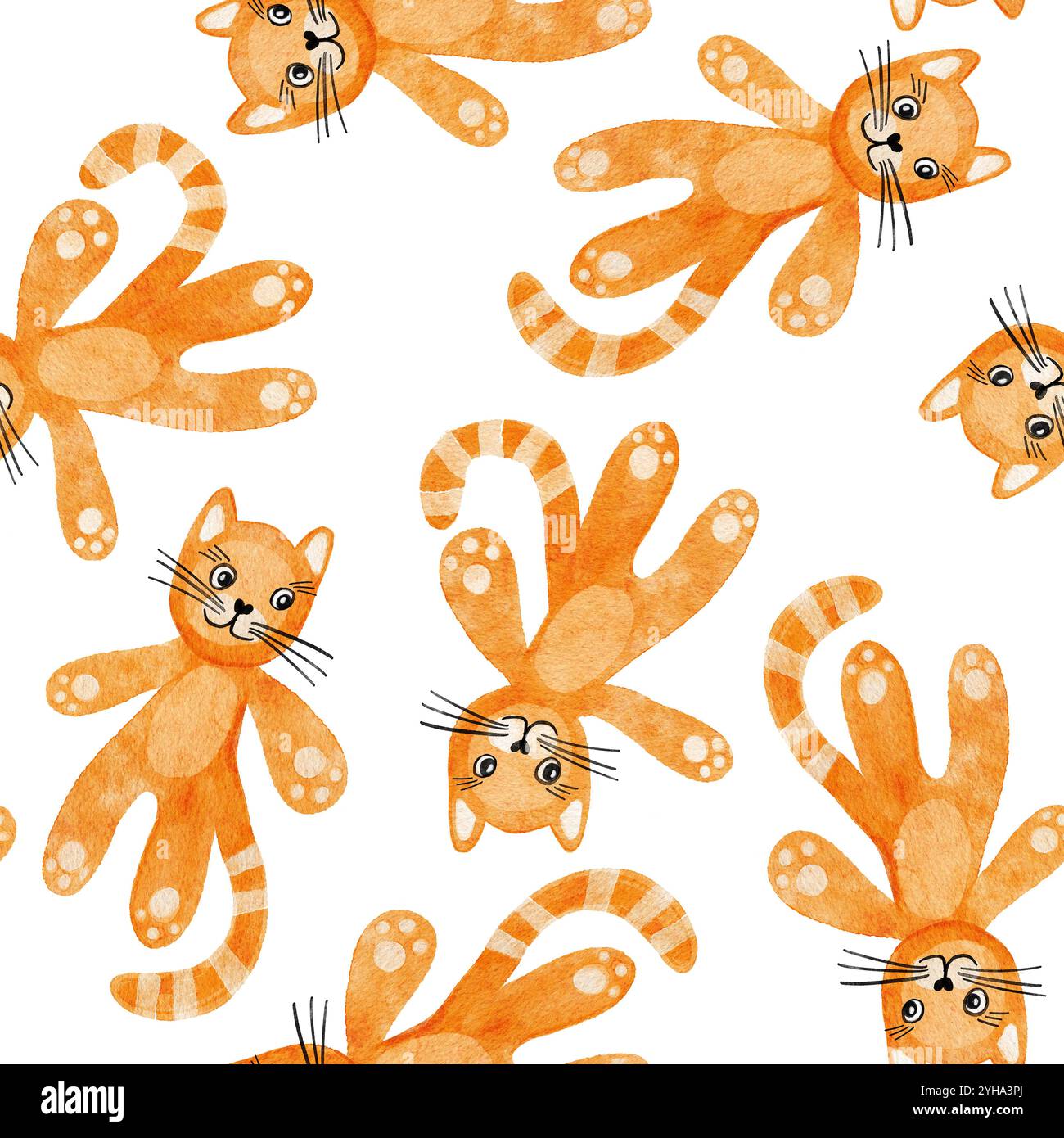 Disegno a mano senza cuciture con gatto rosso-arancio allo zenzero in acquerello su sfondo bianco. Simpatico cucciolo per bambini, cucciolo per bambini, cucciolo per bambini, carino adorabile stile cartoni animati per carta da parati per apprendisti Foto Stock