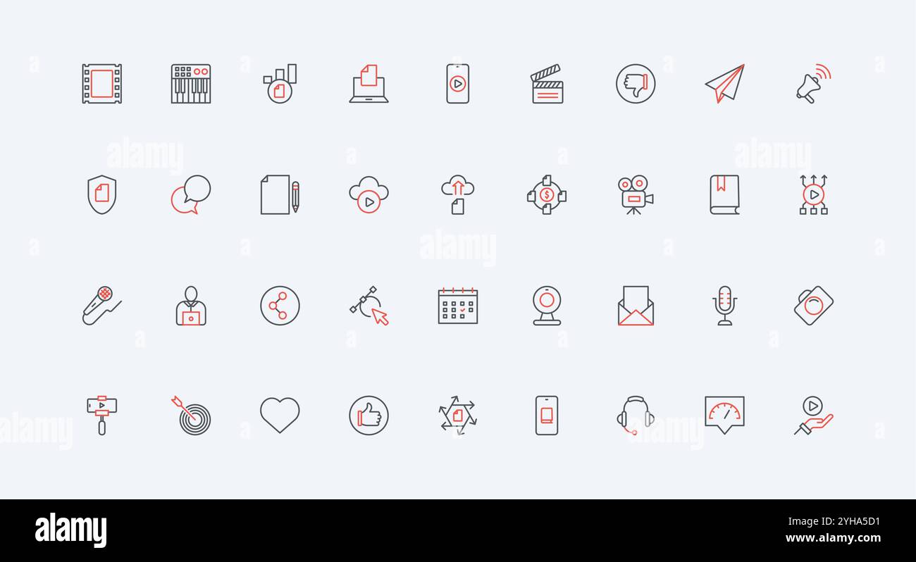 Produzione e pubblicità di contenuti digitali in base al set di icone della linea autore. Registra video, testo di articoli e musica, campagna promozionale sui social media, simboli sottili di contorno nero e rosso, illustrazione vettoriale Illustrazione Vettoriale