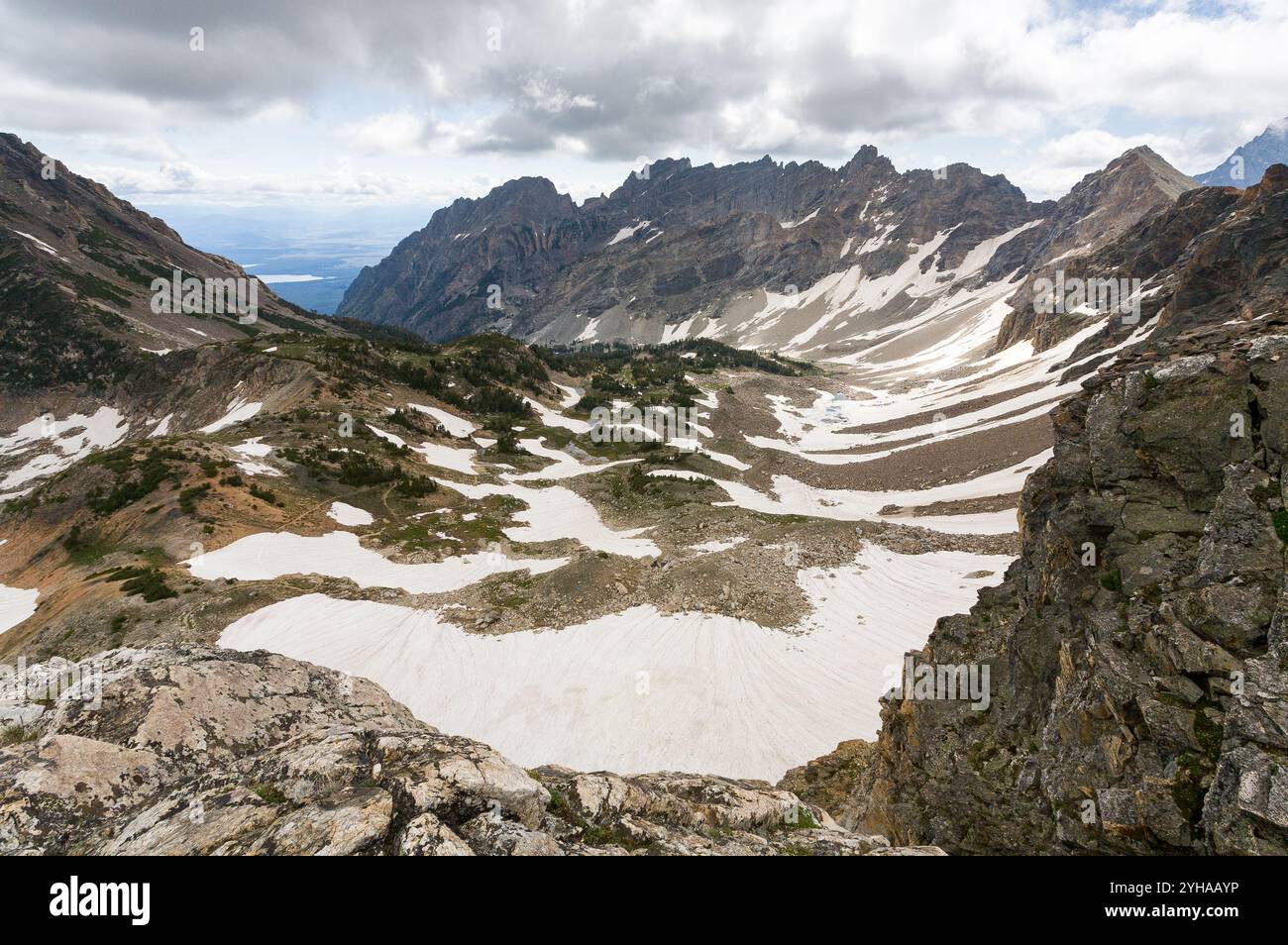 Affacciato sull'Upper Paintbrush Canyon dal Paintbrush divide nel Grand Teton National Park, Wyoming Foto Stock