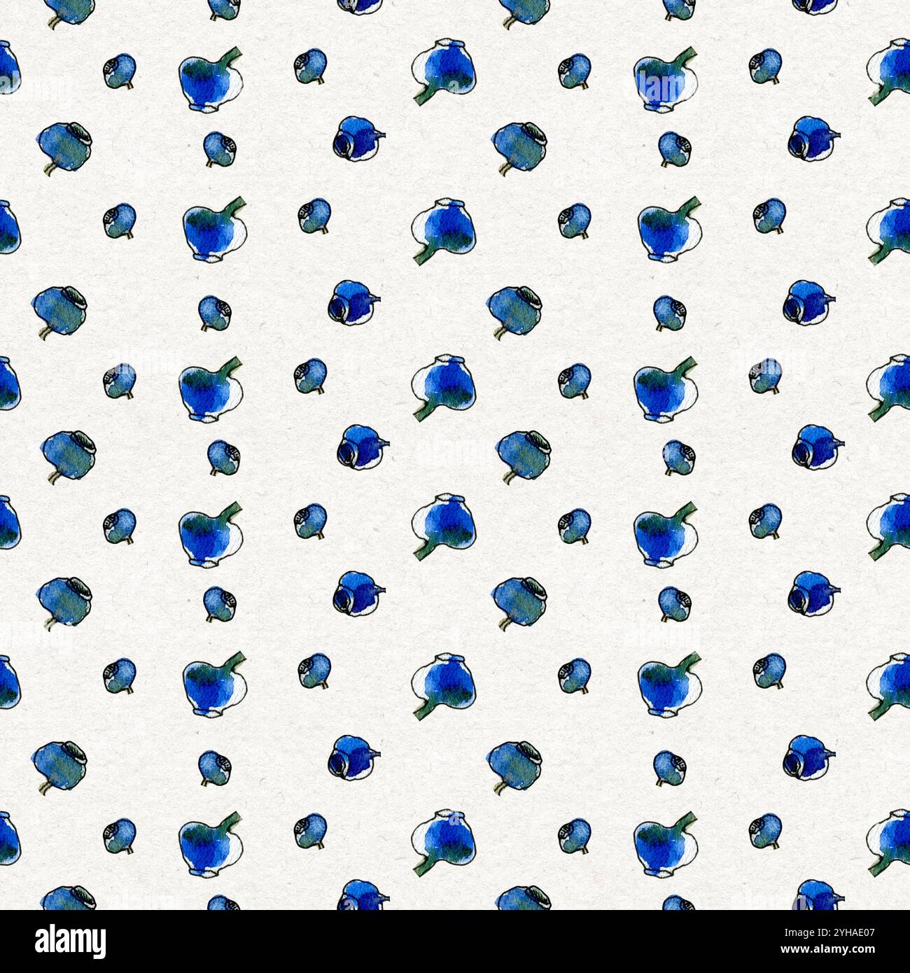 Disegno ad acquerello senza cuciture con mirtilli su sfondo bianco. Texture a pois. Semplice ornamento natirale. Foto Stock