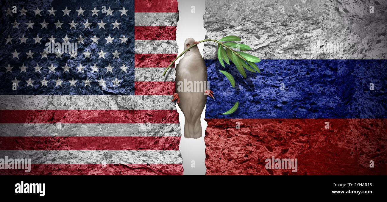 Crisi di pace tra Russia e Stati Uniti come conflitto geopolitico tra la nazione americana e russa come truffa della sicurezza di Mosca e Washington Foto Stock