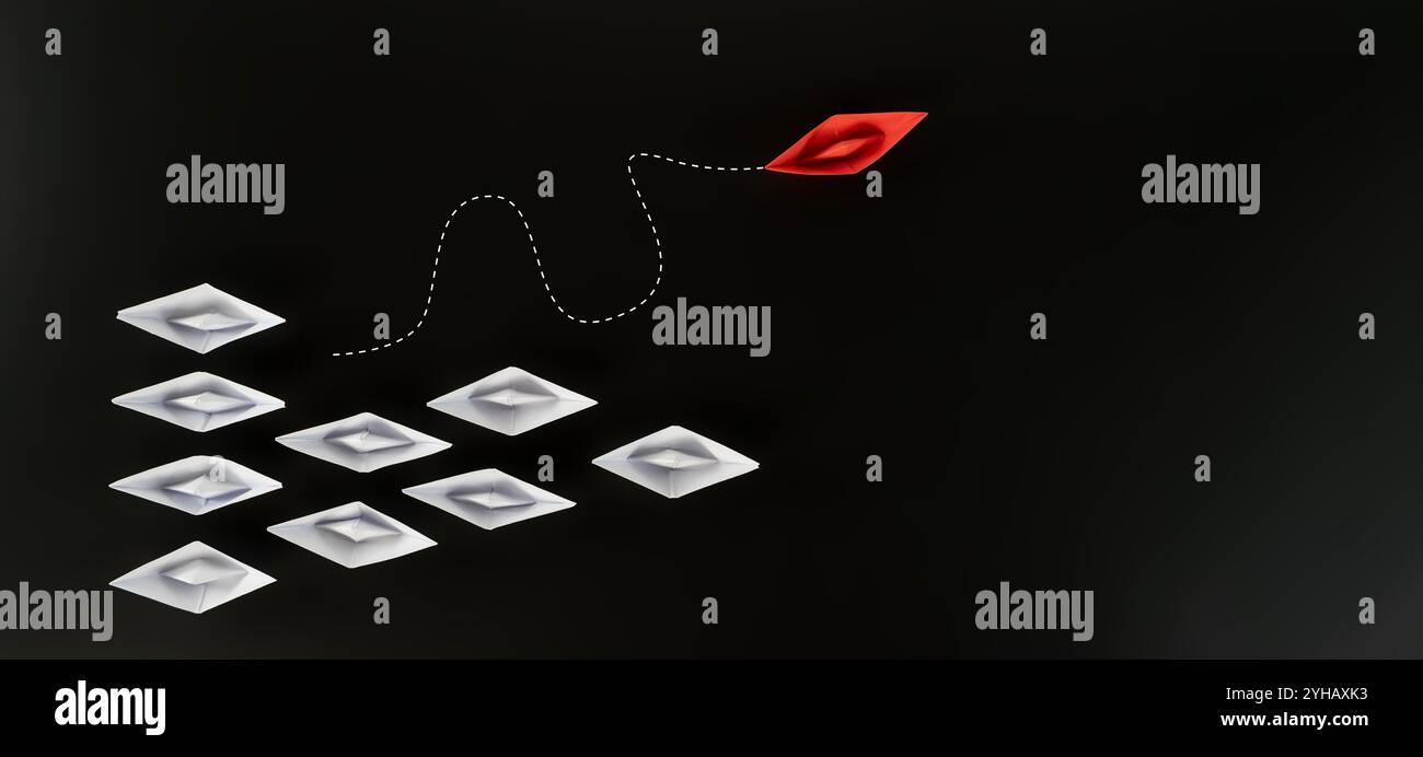 Il gruppo di carta bianca viene spedito in una direzione e una nave in carta rossa con un'indicazione diversa su sfondo nero. Business per soluzioni innovative conc Foto Stock