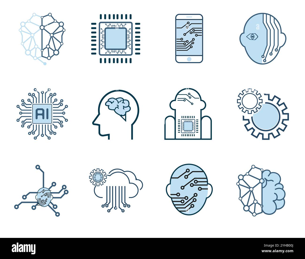 Icone di intelligenza artificiale progettazione di gruppi. Raccolta di pittogrammi di Web con profilo di alta qualità in una moderna illustrazione vettoriale piatta Illustrazione Vettoriale
