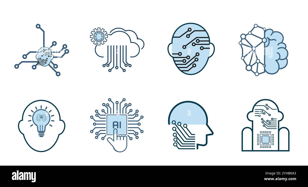 Set di icone intelligenza artificiale - IA, simboli in gruppi di disegni di sfondo bianco isorato Illustrazione Vettoriale