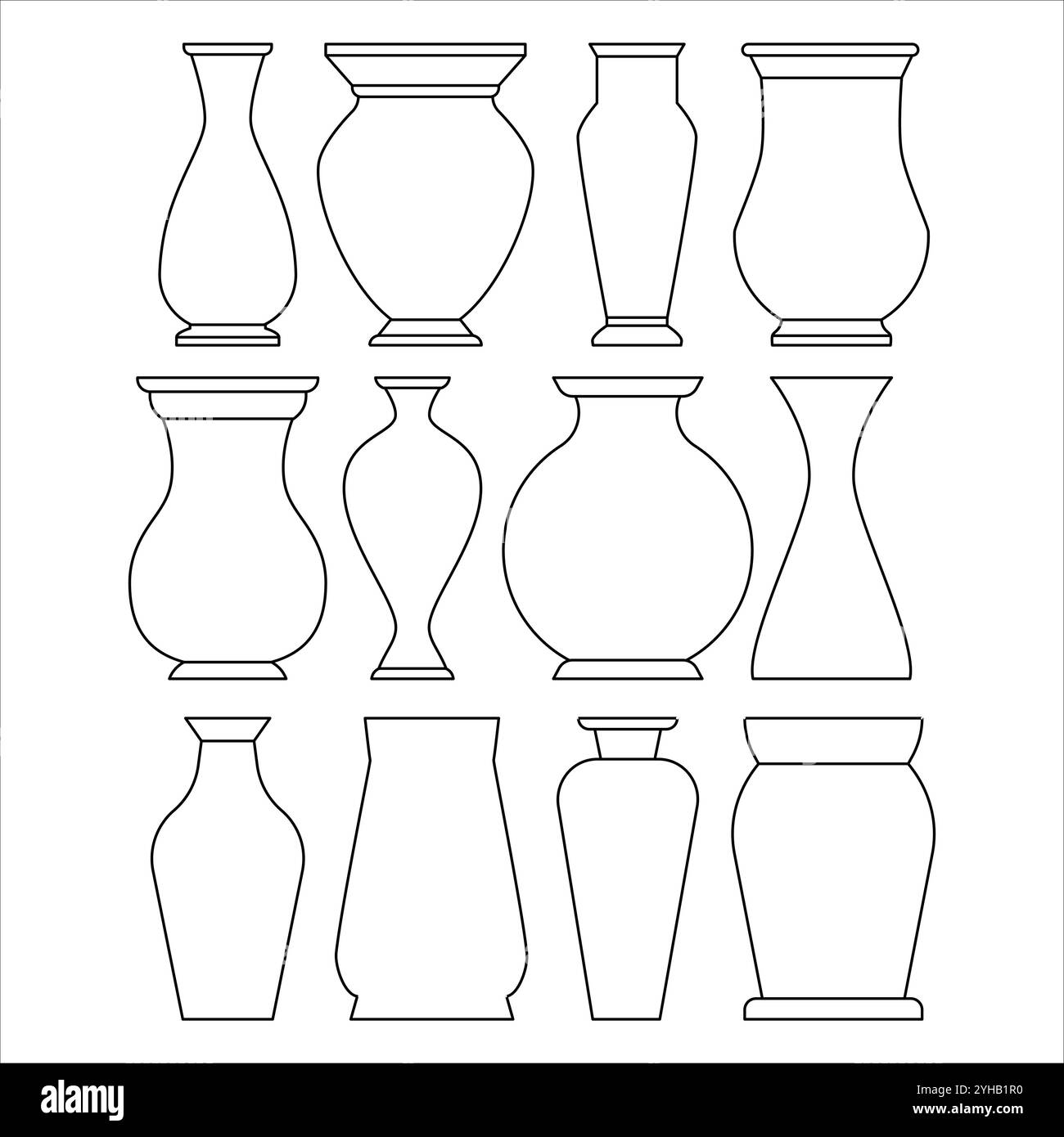 vaso vecchia brocca ceramica ceramica vaso di argilla collezione di terracotta artigianato antico vaso vaso di disegno icona set contorno nero linea colore tratto Illustrazione Vettoriale