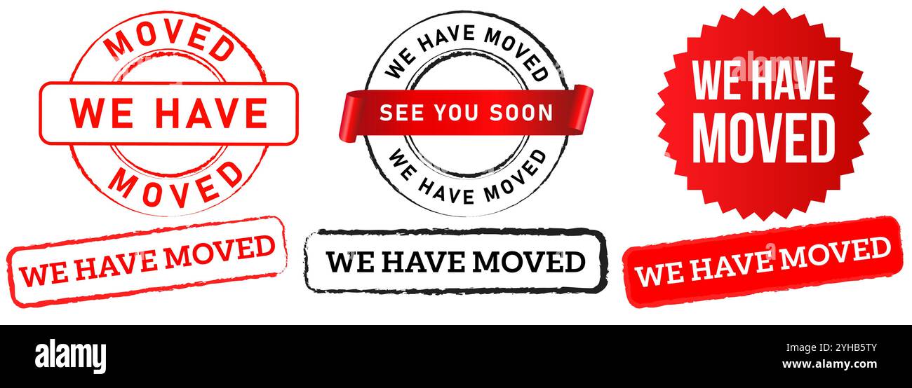 Abbiamo spostato le informazioni sulla posizione spostamento spostamento spostamento spostamento verso il nuovo luogo indirizzo timbro rosso nero etichetta etichetta etichetta emblema design insieme di icone Illustrazione Vettoriale