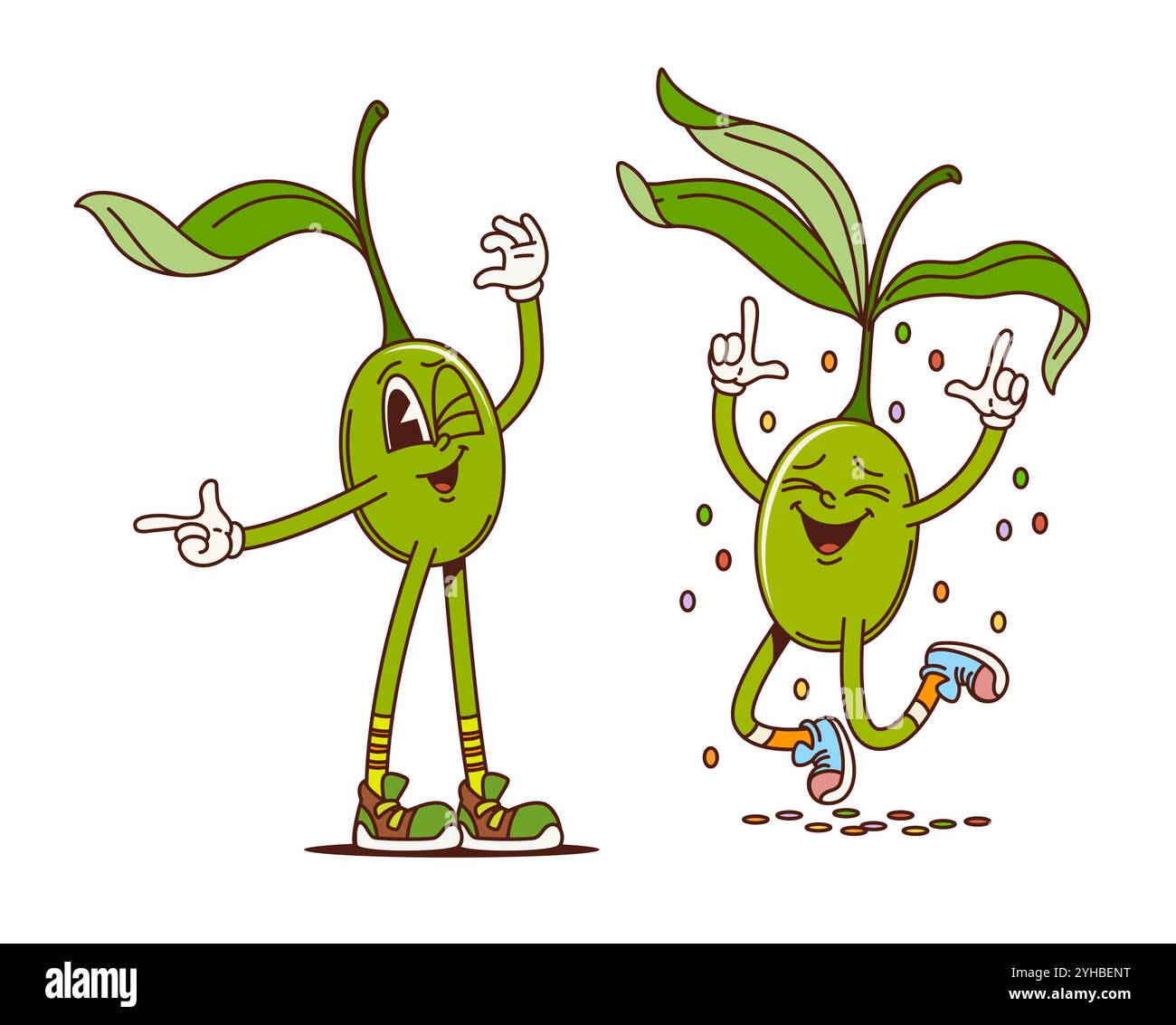 Olive goffrate personaggi retrò di divertenti e funky verdure comiche, icone vettoriali dei cartoni animati. Le olive rigogliose sono amiche con un sorriso felice e sorridono la festa con coriandoli in buone vibrazioni per le emoji alimentari Illustrazione Vettoriale