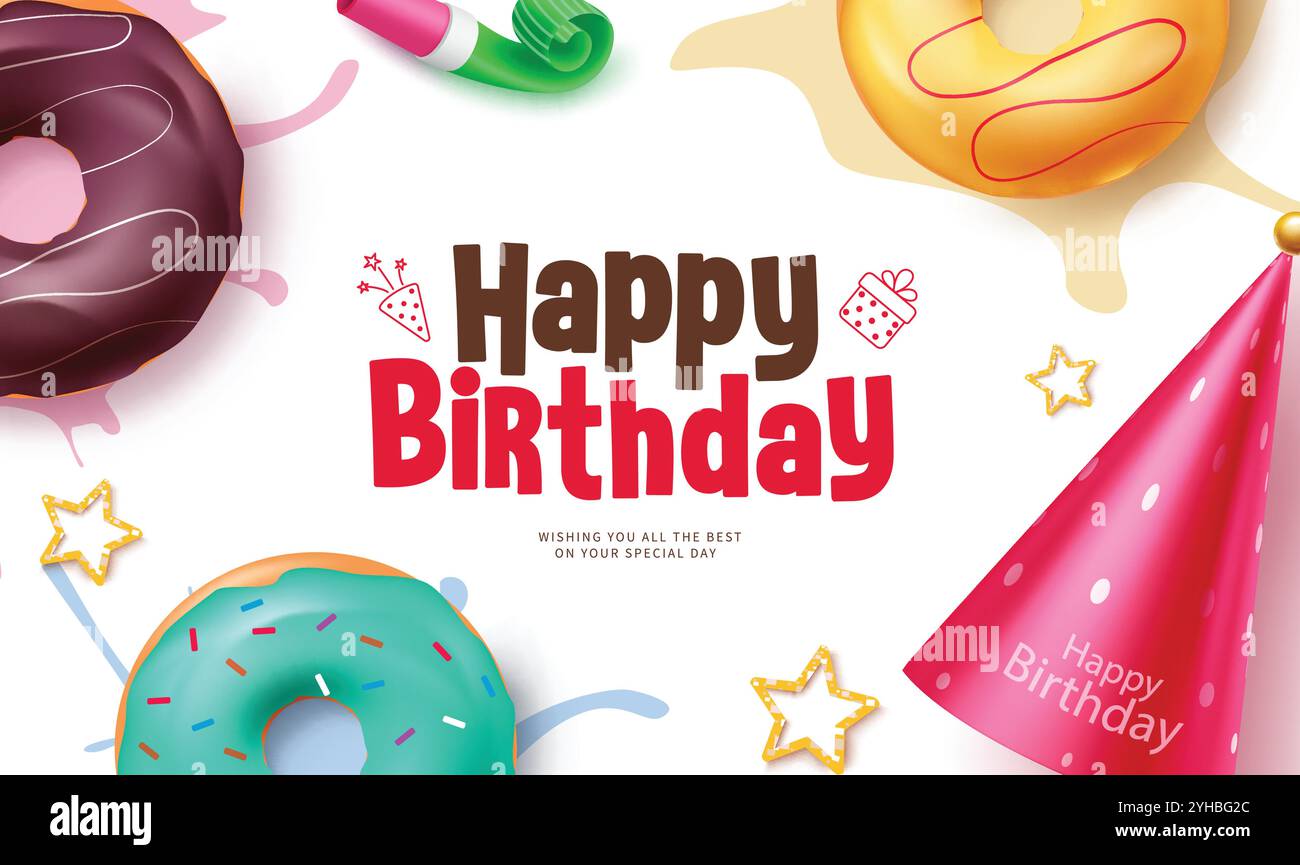 Design del modello vettoriale per auguri di buon compleanno. Testo di saluto di compleanno con ciambelle, fischio e decorazioni di cappelli da festa elementi clip art per feste. Vettore Illustrazione Vettoriale