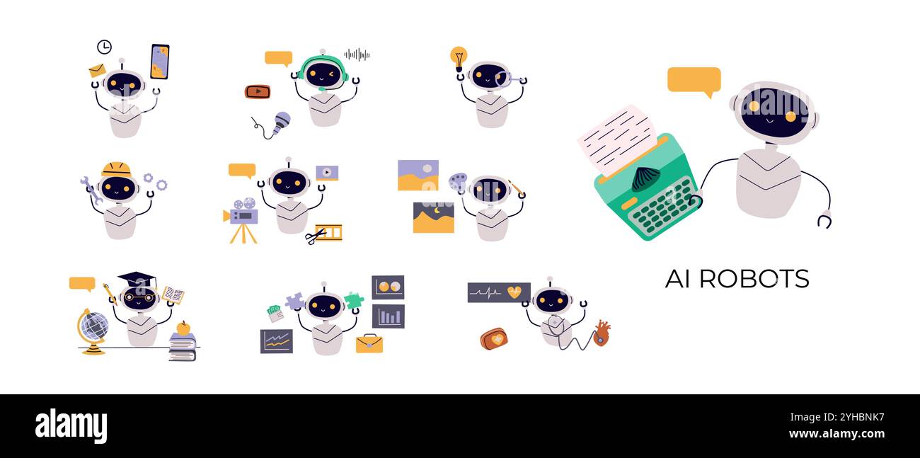Robot di intelligenza artificiale. Intelligenza artificiale che genera testi, immagini, video, musica, audio, lavorare con la grafica finanziaria, attrezzature mediche. Intelligenza artificiale generativa Illustrazione Vettoriale