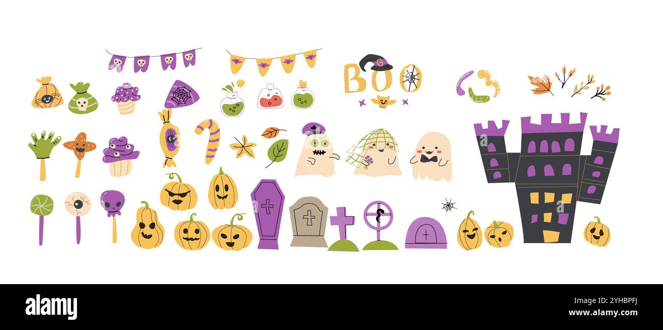 Set di elementi per la festa di Halloween per bambini. Collezione di simpatici fantasmi, zucca, dolci, tombe. Decorazioni per feste e feste per bambini con Halloween Illustrazione Vettoriale