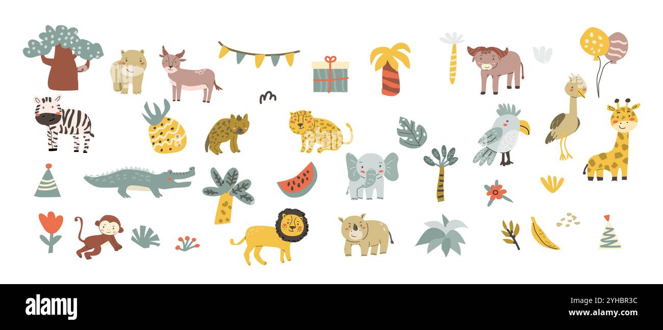 Set di animali per bambini. Elefante africano, leone, rinoceronte, scimmia, zebra, leopardo, iena e altri simpatici animali tropicali. Raccolta di chara per bambini Illustrazione Vettoriale
