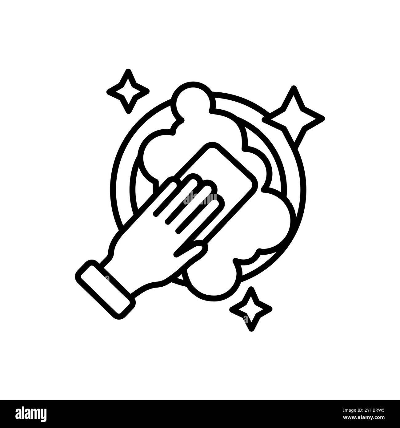 Icona linea spugna per lavaggio piatti. insegna di stile lineare per il concept mobile e il web design. Piastra con spugna e bolle che delimitano l'icona del vettore. Simbolo, logo il Illustrazione Vettoriale