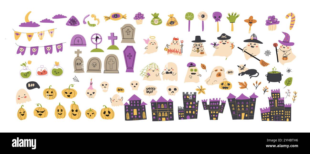 Set di elementi per la festa di Halloween per bambini. Collezione di simpatici fantasmi, tombe, foglie autunnali, veleni. Decorazioni per feste e feste con i bambini Illustrazione Vettoriale