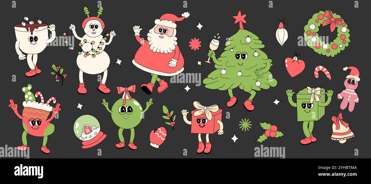 Set di adesivi Happy New Year e Christmas Groovy y2k. Set rétro natalizio. Caratteri ed elementi Groovy y2k. Babbo natale, albero di natale, confezione regalo, calze e altro Illustrazione Vettoriale