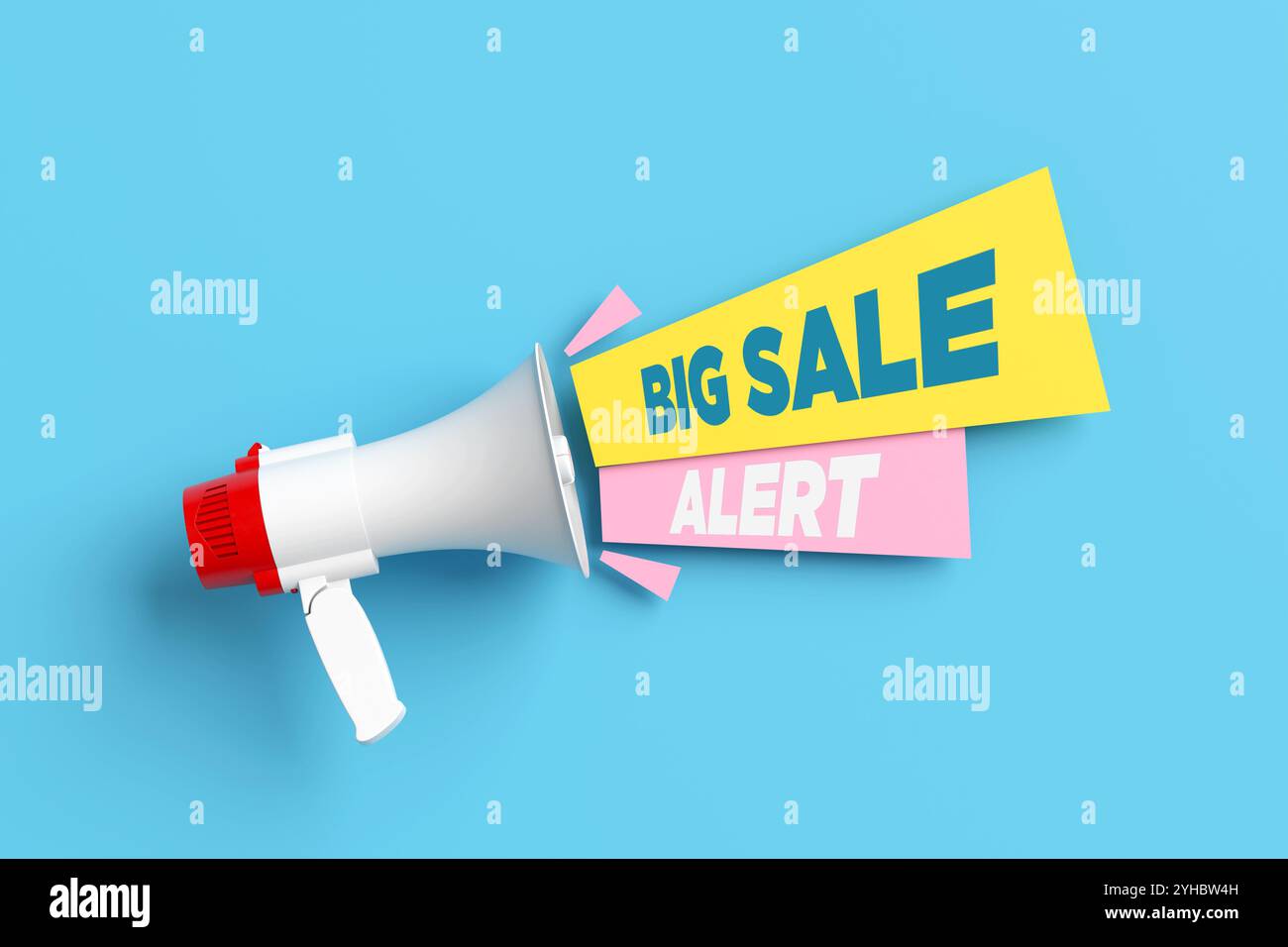 Sfondo blu brillante con un megafono che annuncia un grande avviso di vendita, catturando l'attenzione e promuovendo offerte speciali per gli acquirenti online. rendering 3d. Foto Stock