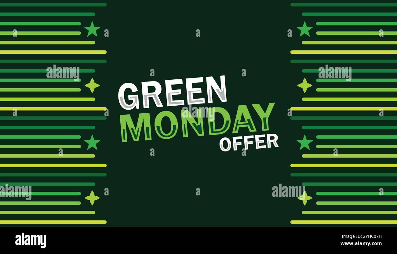 Green Monday offre carta da parati con forme e tipografia, striscioni, cartoline, poster e modello. Offerta Green Monday, sfondo moderno Illustrazione Vettoriale