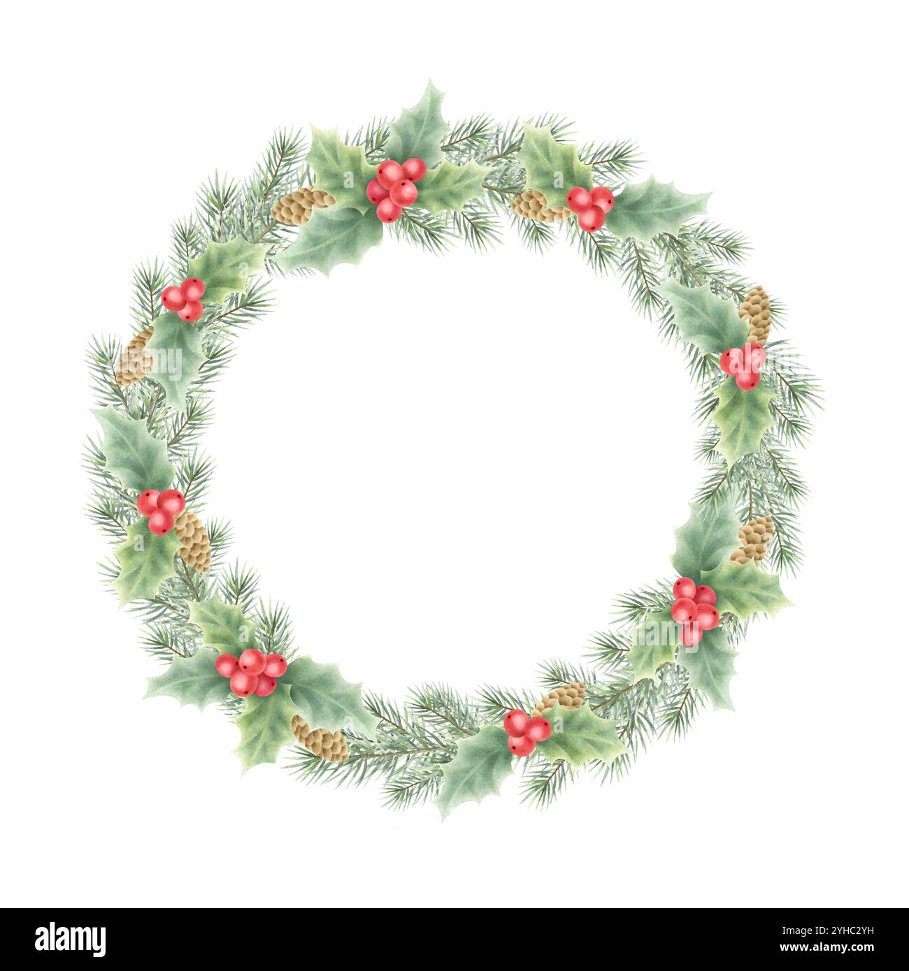 Corona di Natale con agrifoglio, bacche rosse, foglie verdi, rami di abete e coni. Illustrazione delle feste isolata ad acquerello disegnata a mano per il modello, l'adesivo, l'etichetta e il design dei biglietti di auguri di Capodanno. Foto Stock