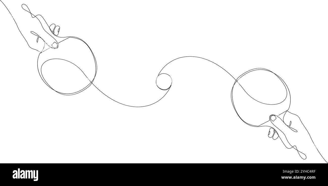 Concetto di ping pong. Racchette da ping pong in mani umane e palla disegnata da una linea continua. Illustrazione sportiva in stile minimalista. Grafica vettoriale Illustrazione Vettoriale