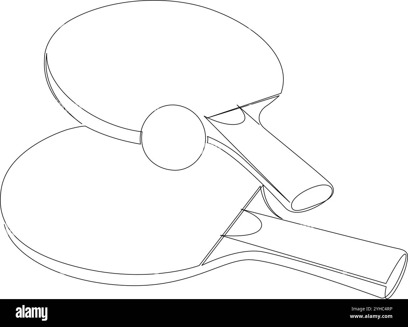 Due racchette da ping-pong e una palla con un disegno. Partita di ping-pong disegnata con linea singola continua. Illustrazione vettoriale, traccia modificabile Illustrazione Vettoriale