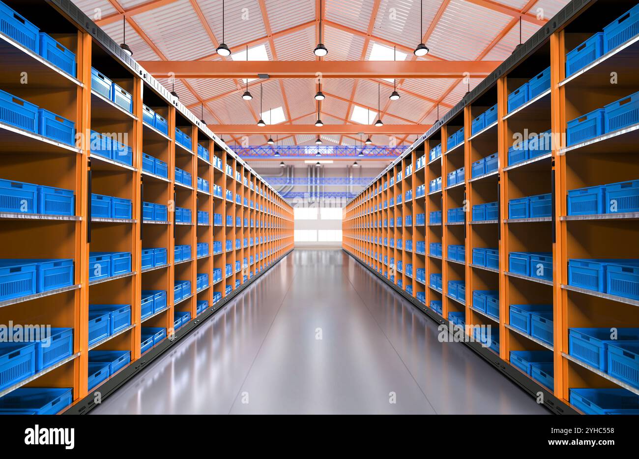rendering 3d interno del magazzino con rack pieni di casse Foto Stock