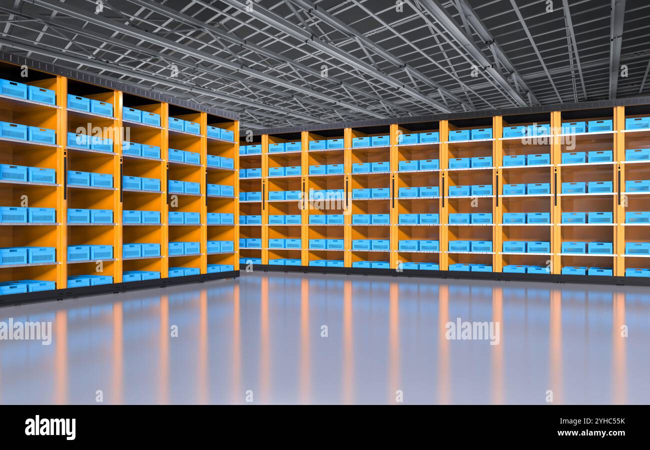 rendering 3d interno del magazzino con rack pieni di casse Foto Stock