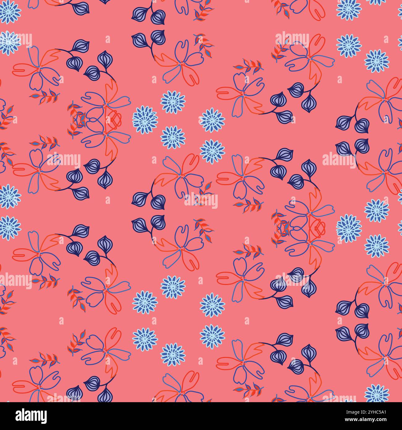 Piante di botanica Doodled pattern di ripetizione senza cuciture. Illustrazione di fiori, foglie e rami collocati in modo casuale su tutta la superficie stampata. Illustrazione vettoriale Illustrazione Vettoriale