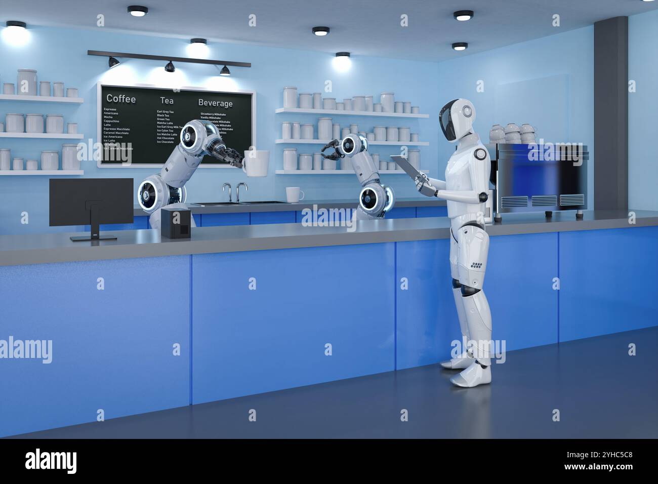 Automation Cafe o caffetteria con barista robotizzato di rendering 3d che serve una tazza di caffè Foto Stock