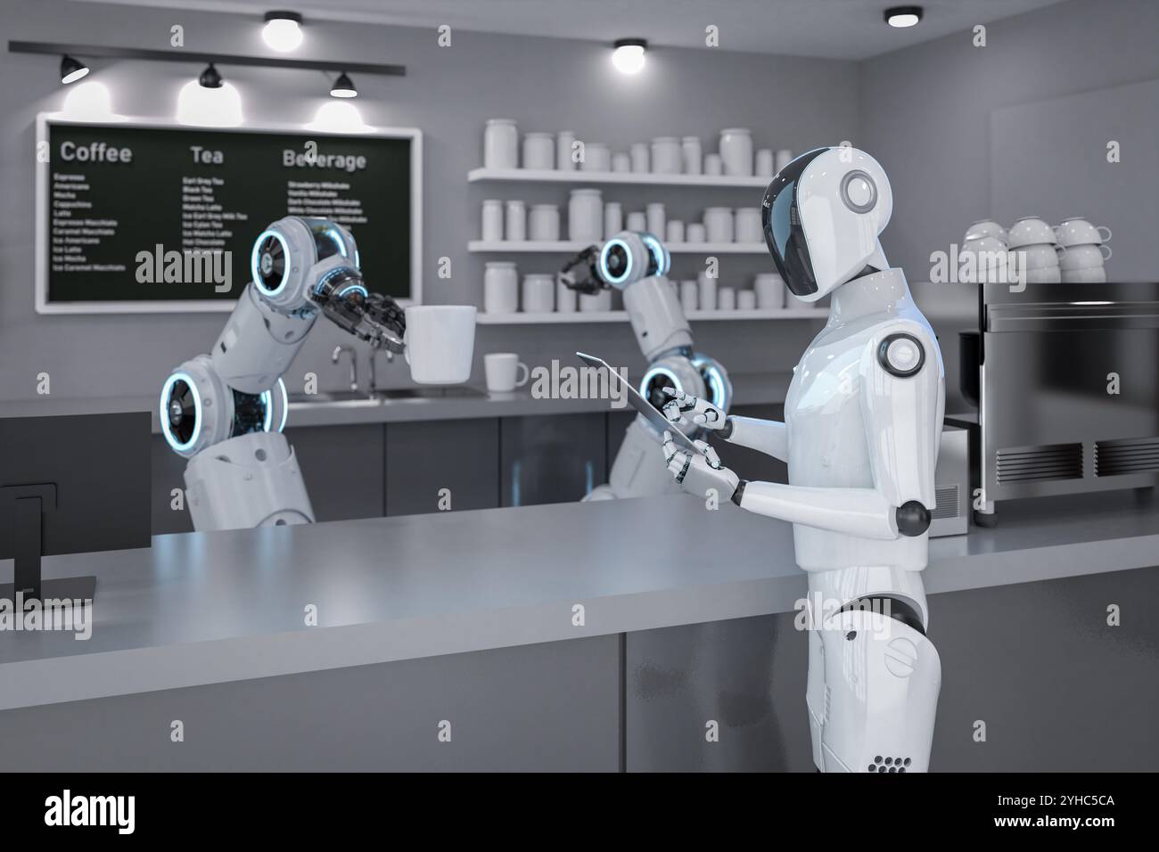 Automation Cafe o caffetteria con barista robotizzato di rendering 3d che serve una tazza di caffè Foto Stock