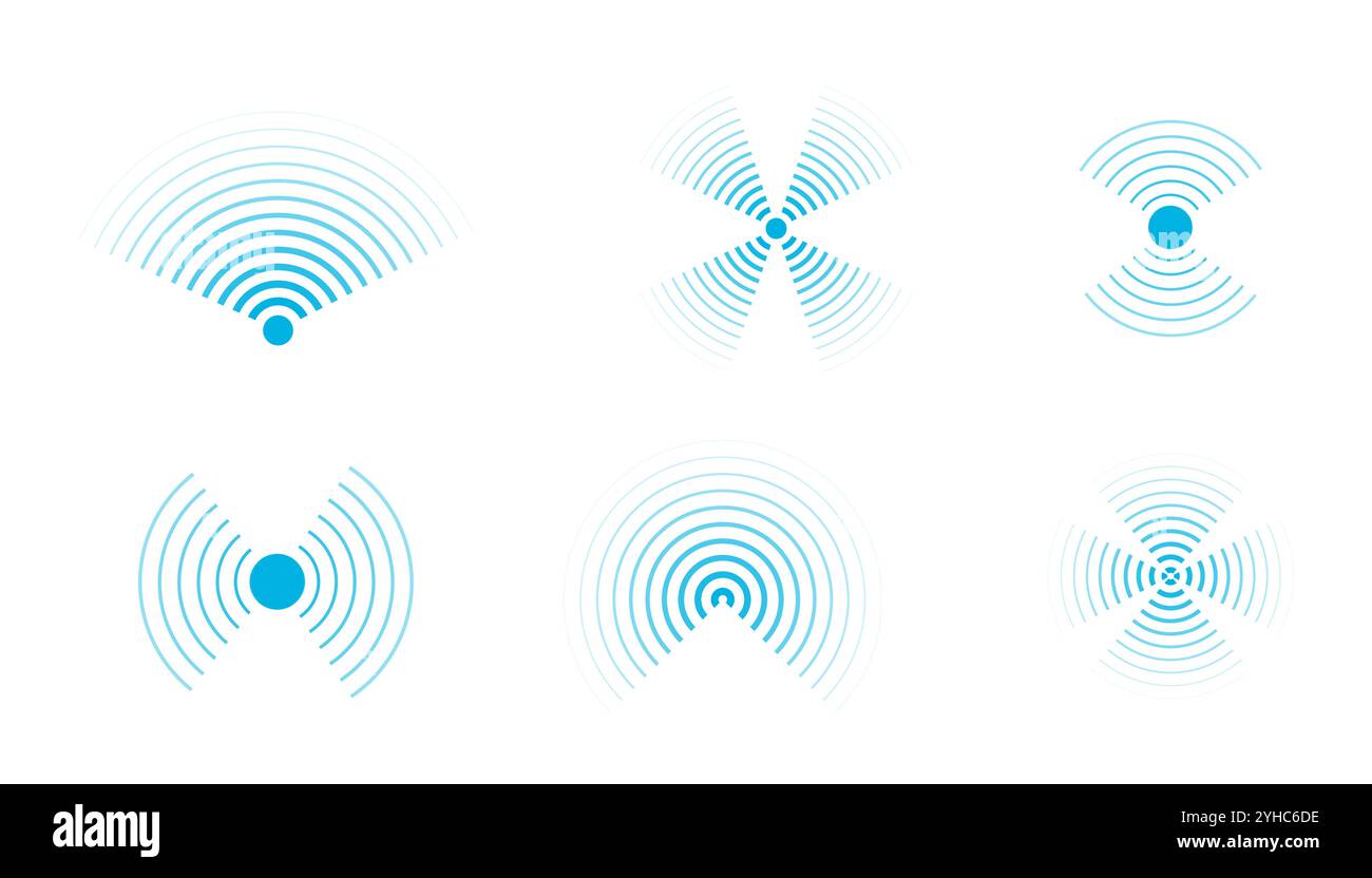 Le onde sonar attivano wi-fi wireless, linea radiale, radio, segnale della stazione radar. Scansione, anelli circolari ondulati. Illustrazione vettoriale Illustrazione Vettoriale