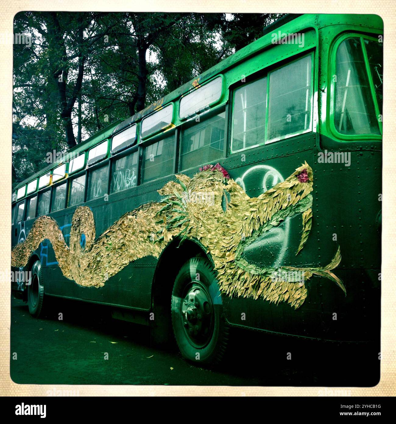 Un drago dorato di foglie decora un autobus in Plaza Luis Cabrera, quartiere Roma Norte, città del Messico, Messico, 6 novembre, 2012.NOTA: questa immagine fa parte del m. di Aurora Foto Stock