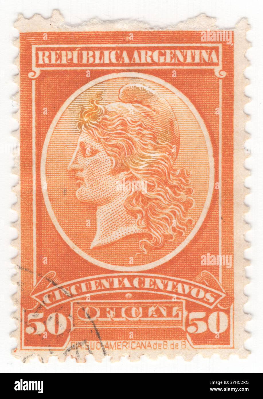 ARGENTINA - 1901 dicembre 1: 50 centavo arancione francobollo ufficiale raffigurante la testa della libertà. Libertas è la dea romana e personificazione della libertà. Divenne una figura politicizzata nella tarda Repubblica, apparsa sulle monete che sostenevano la fazione populares, e più tardi quelle degli assassini di Giulio Cesare. Ciononostante, a volte appare sulle monete del periodo imperiale, come le monete "libertà del popolo" di Galba durante il suo breve regno dopo la morte di Nerone. Di solito è raffigurata con due accessori: La canna e il pelo morbido, che tiene fuori, piuttosto che indossa Foto Stock ARGENTINA - 1901 dicembre 1: 50 centavo arancione francobollo ufficiale raffigurante la testa della libertà. Libertas è la dea romana e personificazione della libertà. Divenne una figura politicizzata nella tarda Repubblica, apparsa sulle monete che sostenevano la fazione populares, e più tardi quelle degli assassini di Giulio Cesare. Ciononostante, a volte appare sulle monete del periodo imperiale, come le monete "libertà del popolo" di Galba durante il suo breve regno dopo la morte di Nerone. Di solito è raffigurata con due accessori: La canna e il pelo morbido, che tiene fuori, piuttosto che indossa Foto Stock