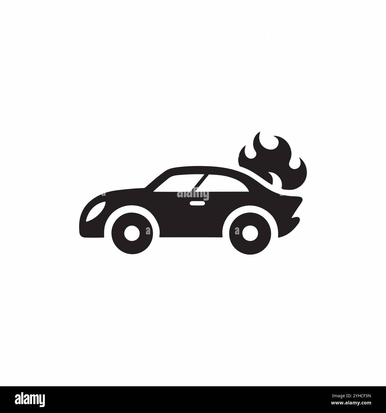 Car on Fire Vector Art, icone, logo, illustrazioni di fiamma della silhouette dell'auto. Illustrazione Vettoriale