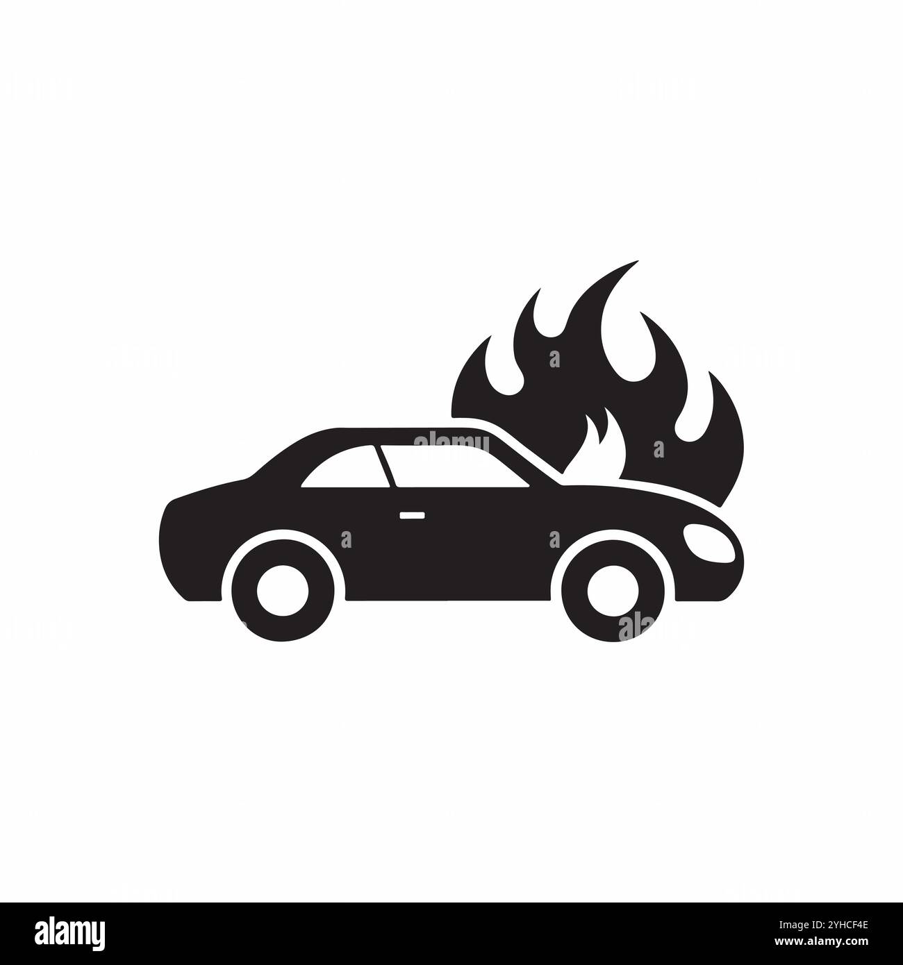 Car on Fire Vector Art, icone, logo, illustrazioni di fiamma della silhouette dell'auto. Illustrazione Vettoriale