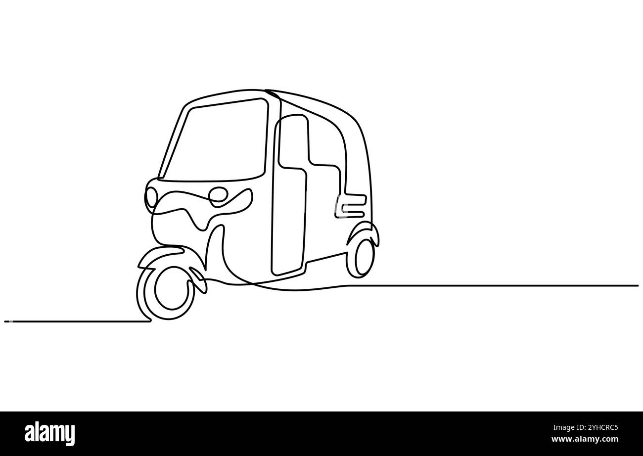 La linea singola continua di disegno Tuk Tuk Thailand è spesso utilizzata dai turisti, Bajaj Tuk Tuk minimalista Line Art Disegno a linea continua tradizionale Illustrazione Vettoriale