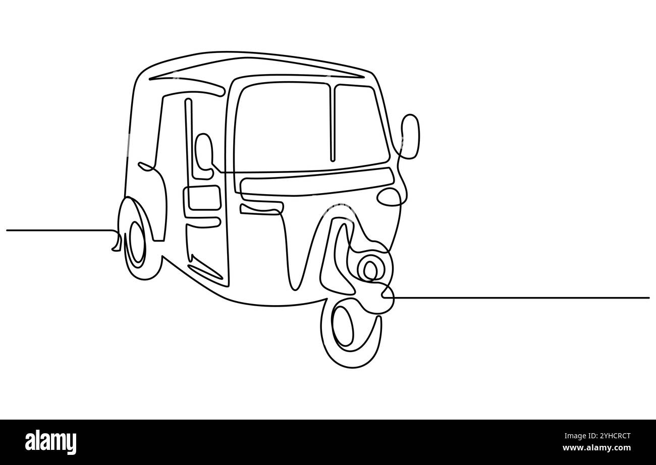 La linea singola continua di disegno Tuk Tuk Thailand è spesso utilizzata dai turisti, Bajaj Tuk Tuk minimalista Line Art Disegno a linea continua tradizionale Illustrazione Vettoriale