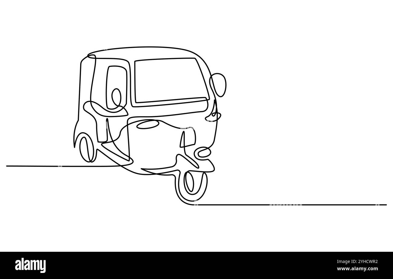La linea singola continua di disegno Tuk Tuk Thailand è spesso utilizzata dai turisti, Bajaj Tuk Tuk minimalista Line Art Disegno a linea continua tradizionale Illustrazione Vettoriale