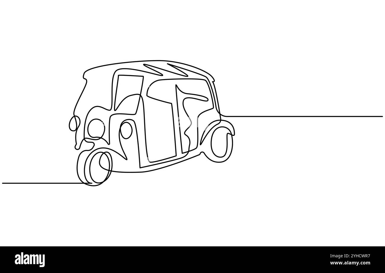 La linea singola continua di disegno Tuk Tuk Thailand è spesso utilizzata dai turisti, Bajaj Tuk Tuk minimalista Line Art Disegno a linea continua tradizionale Illustrazione Vettoriale