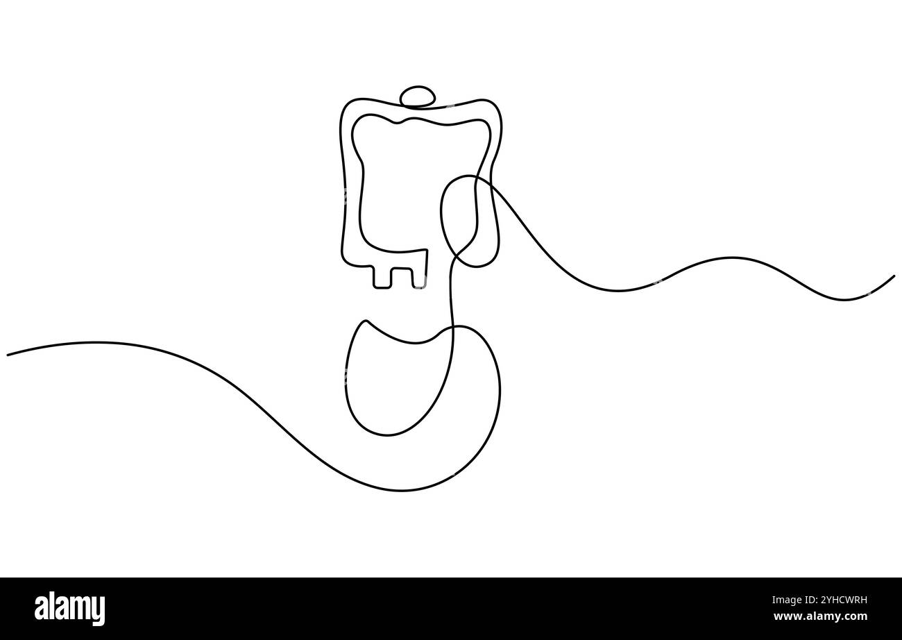 linea continua disegno di sacca di sangue.linea linea linea linea disegno di sacca medica di trasfusione di sangue. Immagine vettoriale a linea singola dell'afflusso di sangue in ospedale Illustrazione Vettoriale
