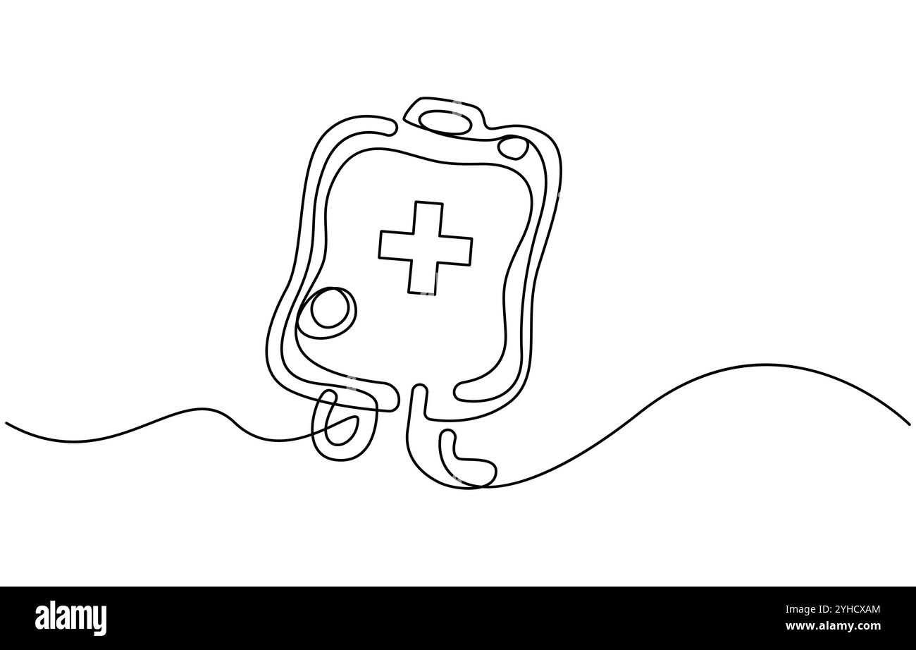 linea continua disegno di sacca di sangue.linea linea linea linea disegno di sacca medica di trasfusione di sangue. Immagine vettoriale a linea singola dell'afflusso di sangue in ospedale Illustrazione Vettoriale