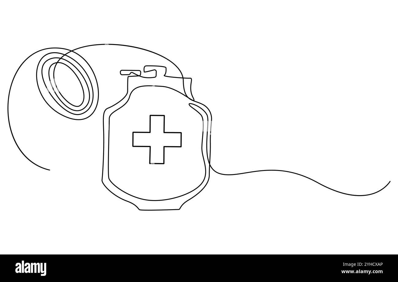 linea continua disegno di sacca di sangue.linea linea linea linea disegno di sacca medica di trasfusione di sangue. Immagine vettoriale a linea singola dell'afflusso di sangue in ospedale Illustrazione Vettoriale
