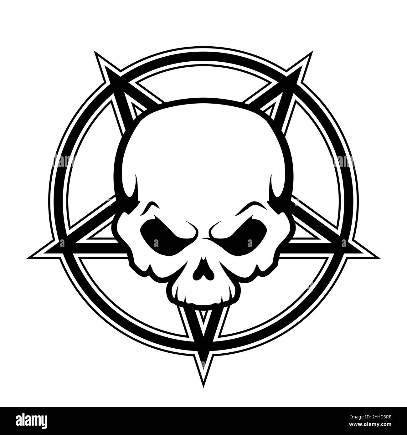 Cranio umano con Pentagramma in cerchio - illustrazione vettoriale in bianco e nero, isolato su bianco Illustrazione Vettoriale