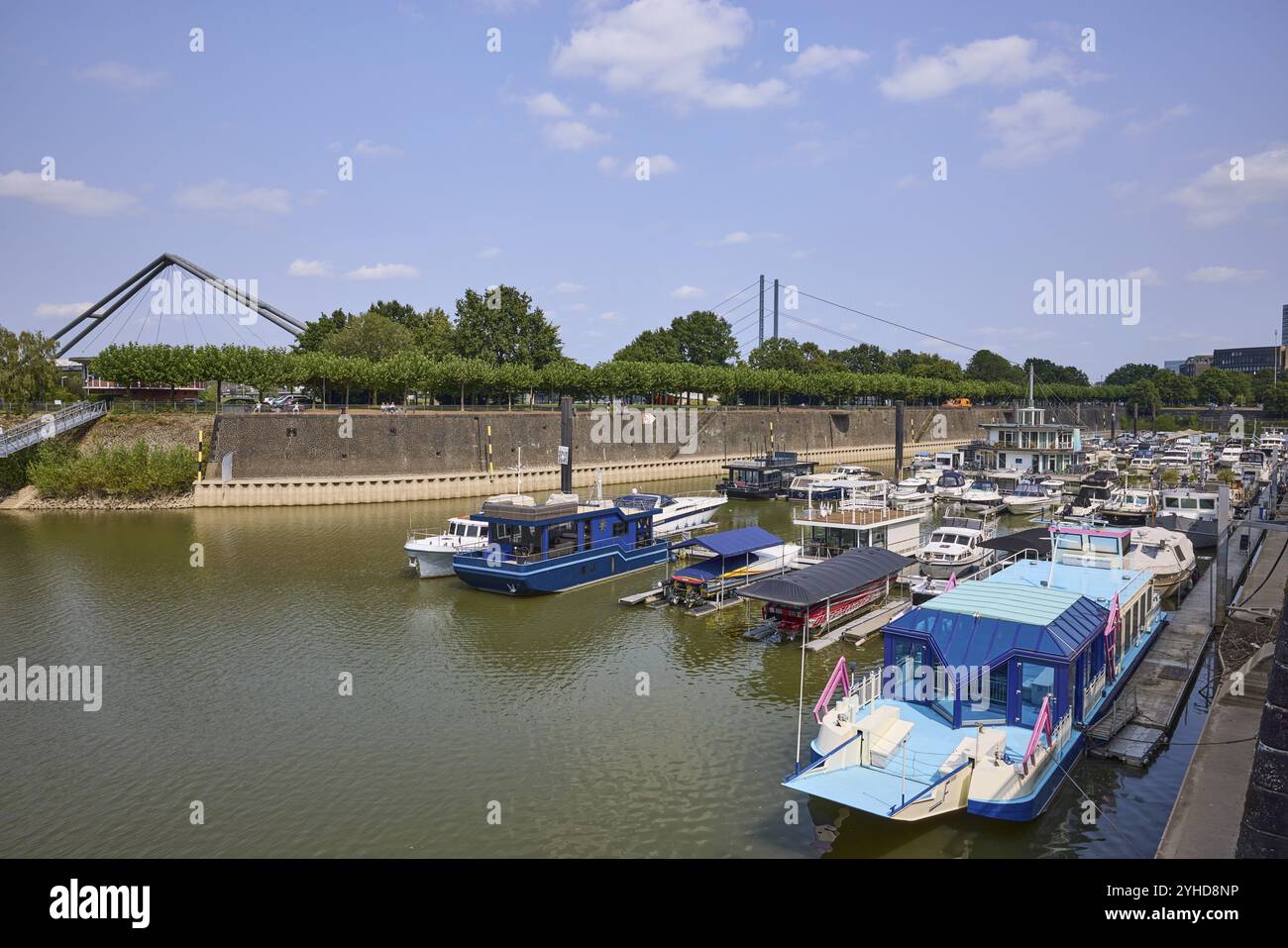 Marina Duesseldorf con piloni del ponte al porto dei media e Rheinkniebruecke a Duesseldorf, capitale dello stato, città indipendente, Renania settentrionale-We Foto Stock