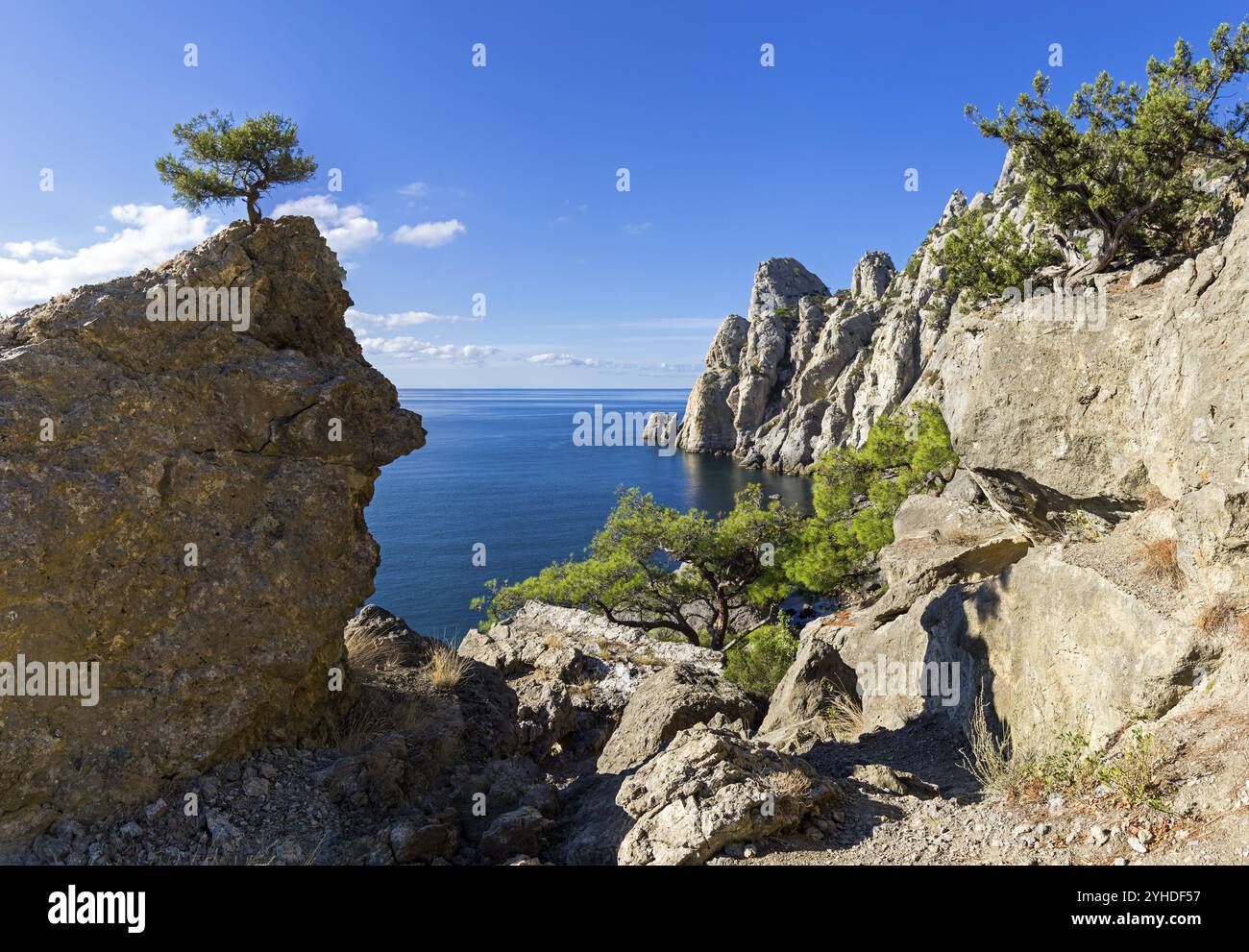 Scogliere costiere. Novyy Svet, Crimea. Mattina di sole a settembre Foto Stock