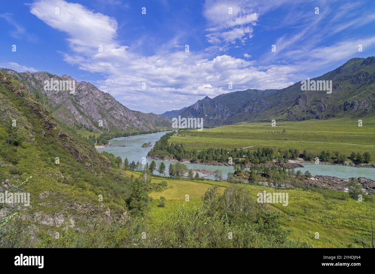 Panorama della valle del fiume Katun, Altai, Russia, Europa Foto Stock