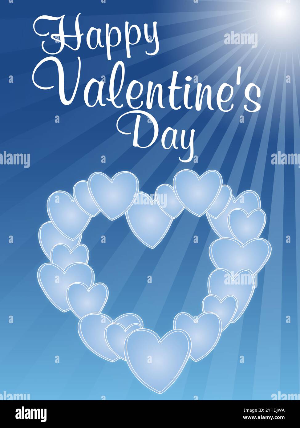 Poster blu a forma di cuore e le parole "buon San Valentino". La forma del cuore è composta da molti cuori più piccoli e il sole splende brillantemente Illustrazione Vettoriale