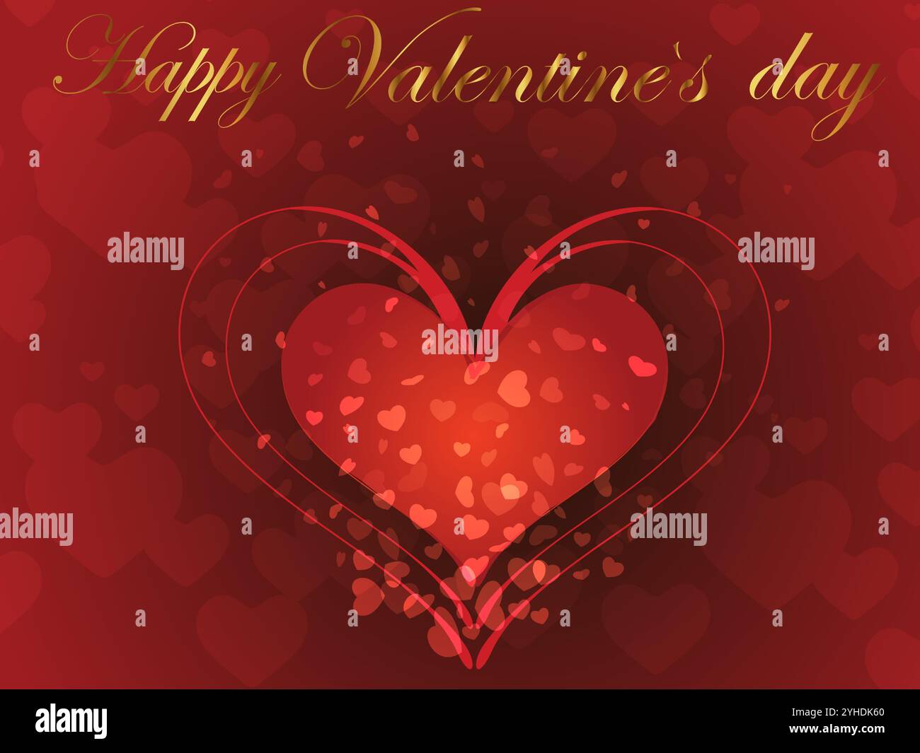 Cuore rosso con scritta dorata che dice buon San Valentino. Il cuore è circondato da un sacco di cuori più piccoli, creando un senso di amore e influenza Illustrazione Vettoriale