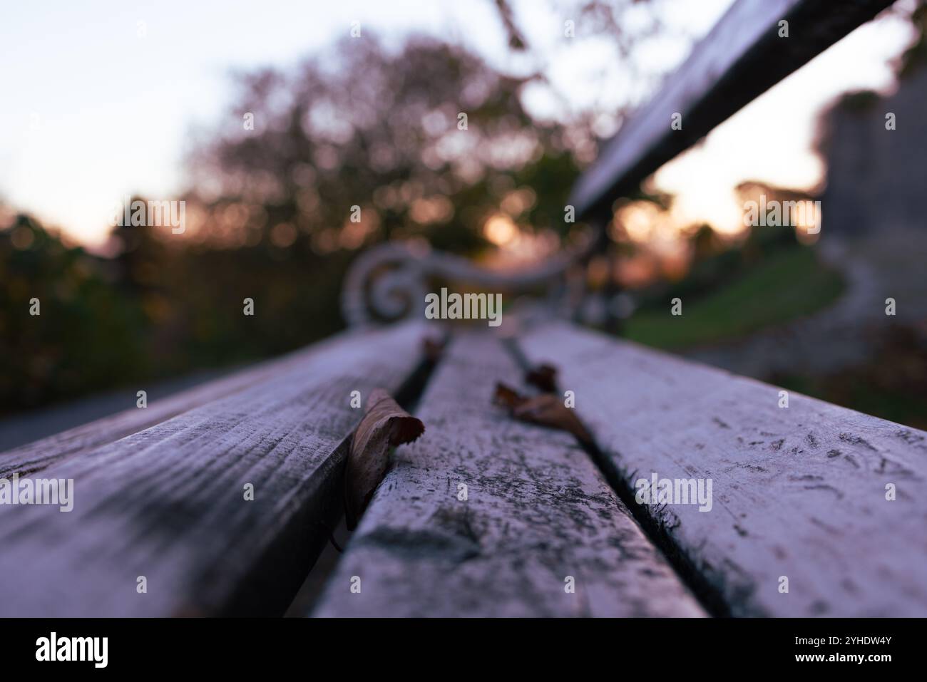 Panca rustica in legno al tramonto autunnale Foto Stock