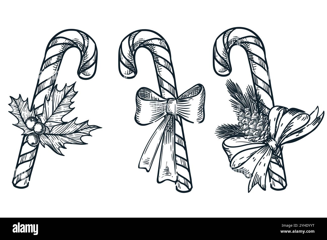 Caramelle a strisce natalizie con fiocco isolato su sfondo bianco. Illustrazione del vettore di schizzo disegnato a mano. Decorazioni natalizie xmax, dolce regalo Illustrazione Vettoriale