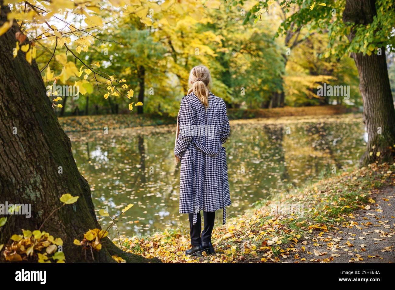 Donna con un cappotto pied de poule in riva al lago nel parco pubblico. Abbigliamento alla moda autunnale Foto Stock